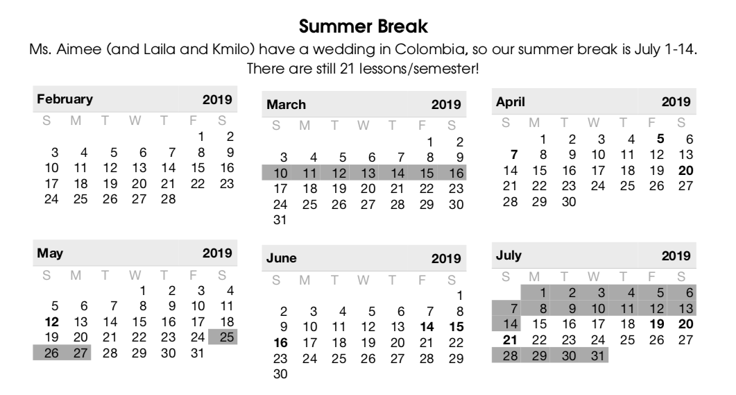 Summer 2019 Calendar updated - Jensen's Yamaha Music School